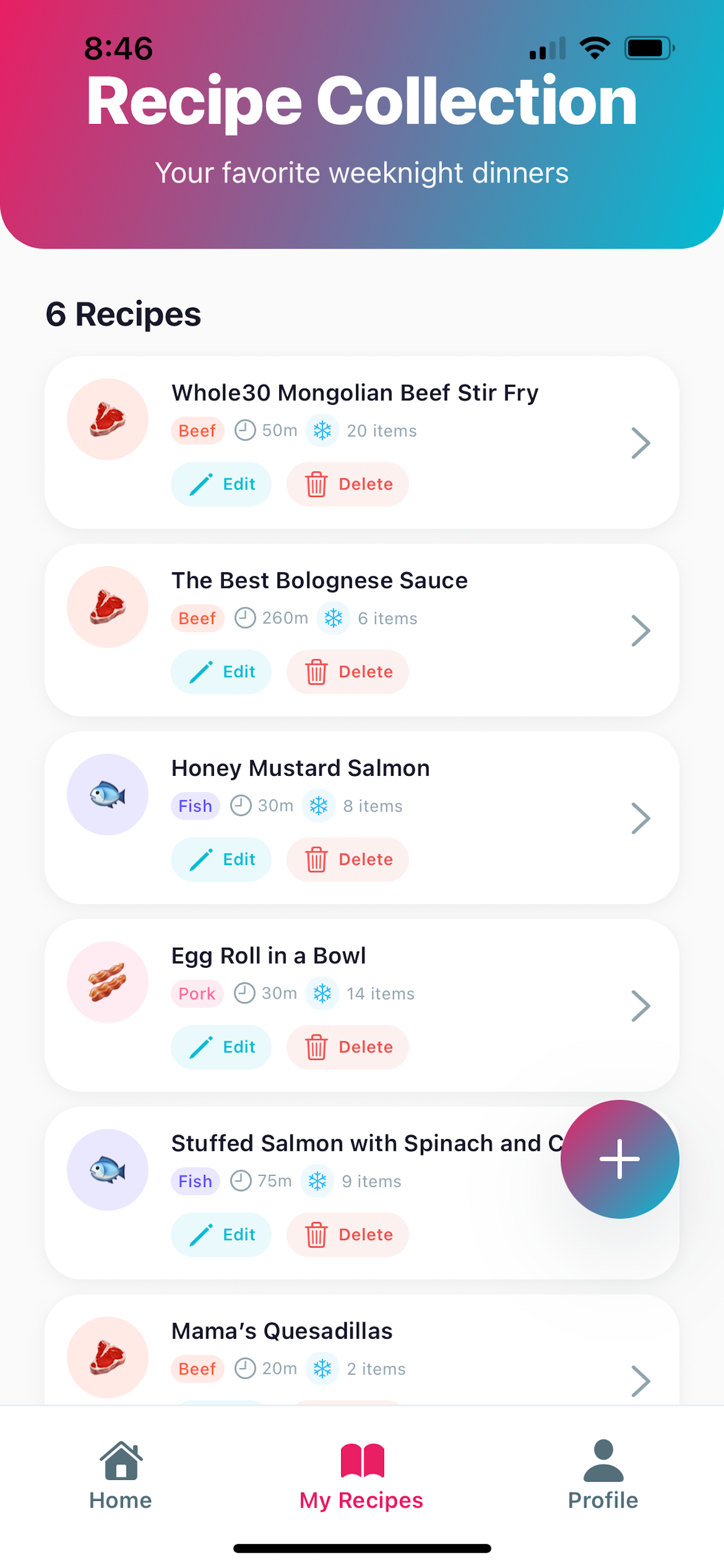 Recipe management screen